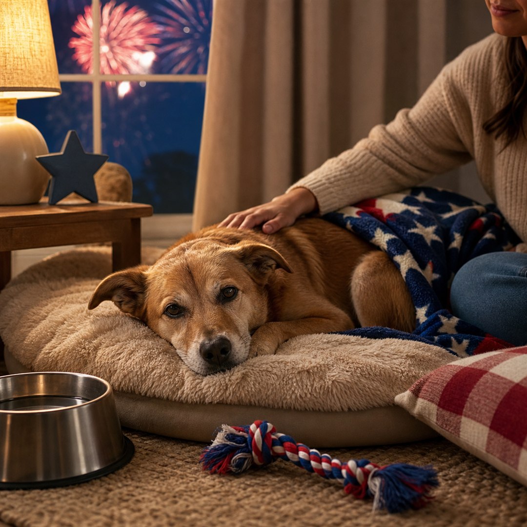 Instagram-sized image of a dog resting in a cozy indoor safe space during fireworks