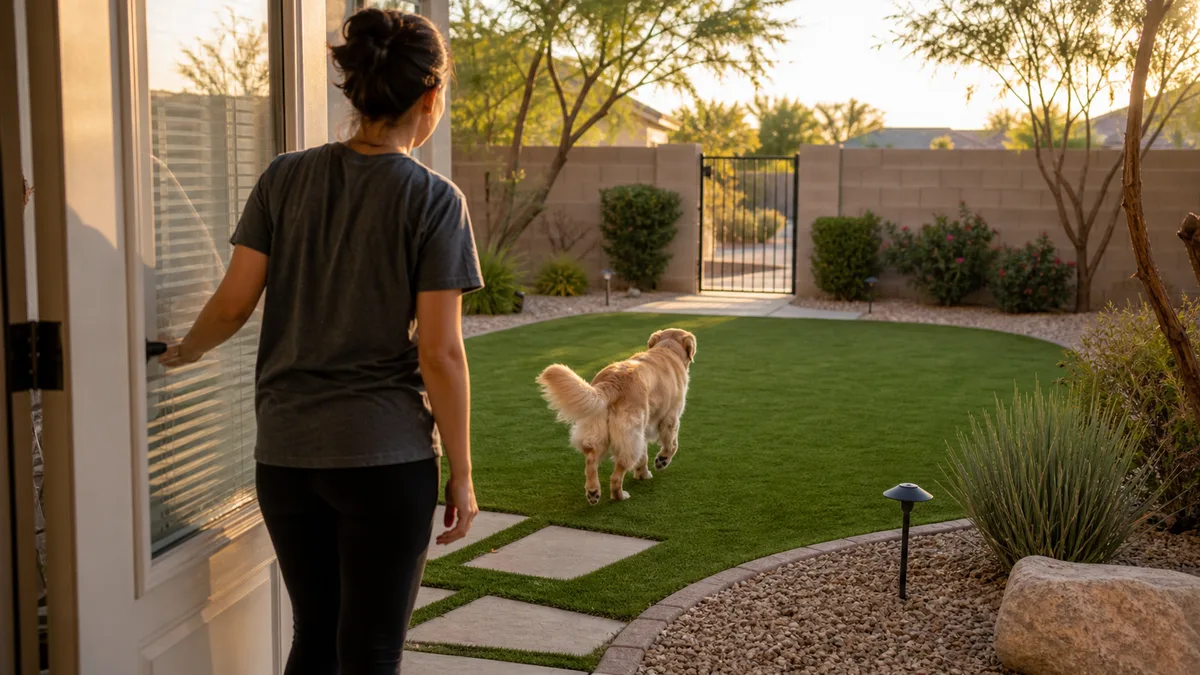 Dog stepping into a clean Arizona backyard for a calm potty break