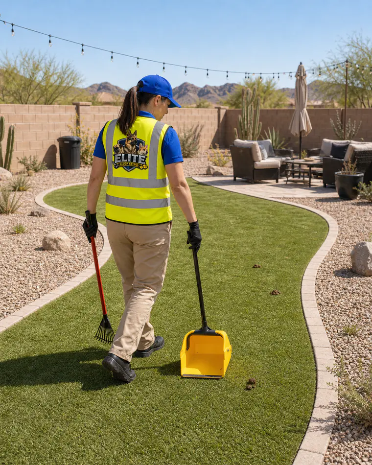 Elite Scoop Patrol crew member performing weekly dog poop removal service